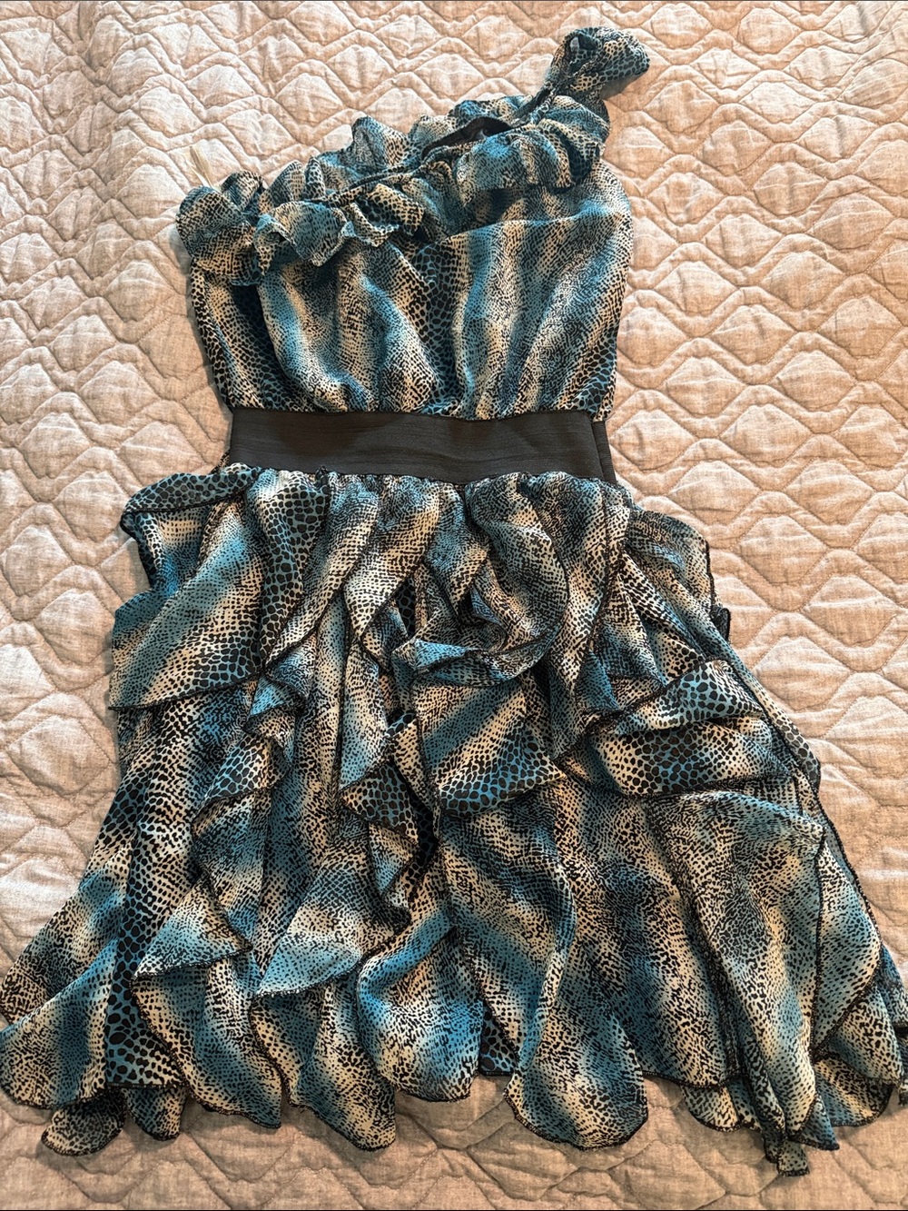Poetry One-Shoulder Ruffled Dress in Teal and Black Animal Print
